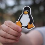 A close-up shot of a hand holding a penguin sticker against a blurred outdoor background.